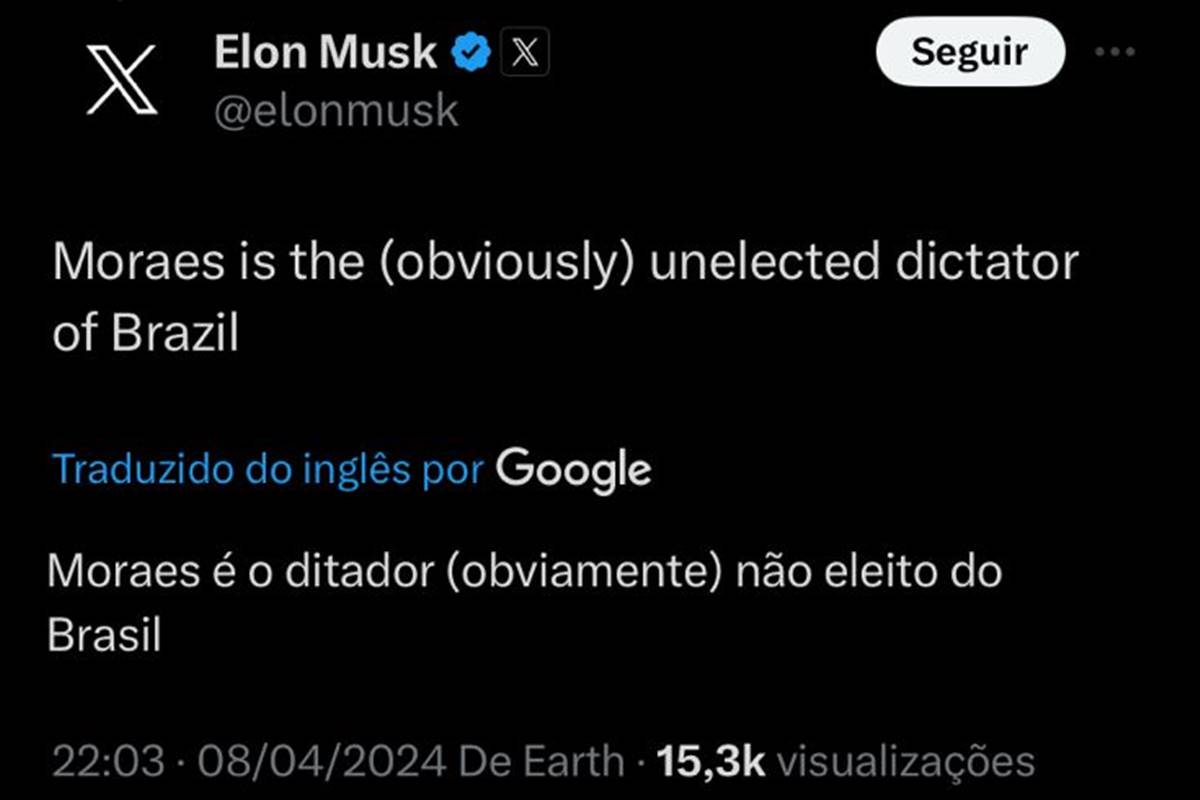 Foto colorida de publicação de Elon Musk sobre o ministro Alexandre de Moraes, do STF - Metrópoles