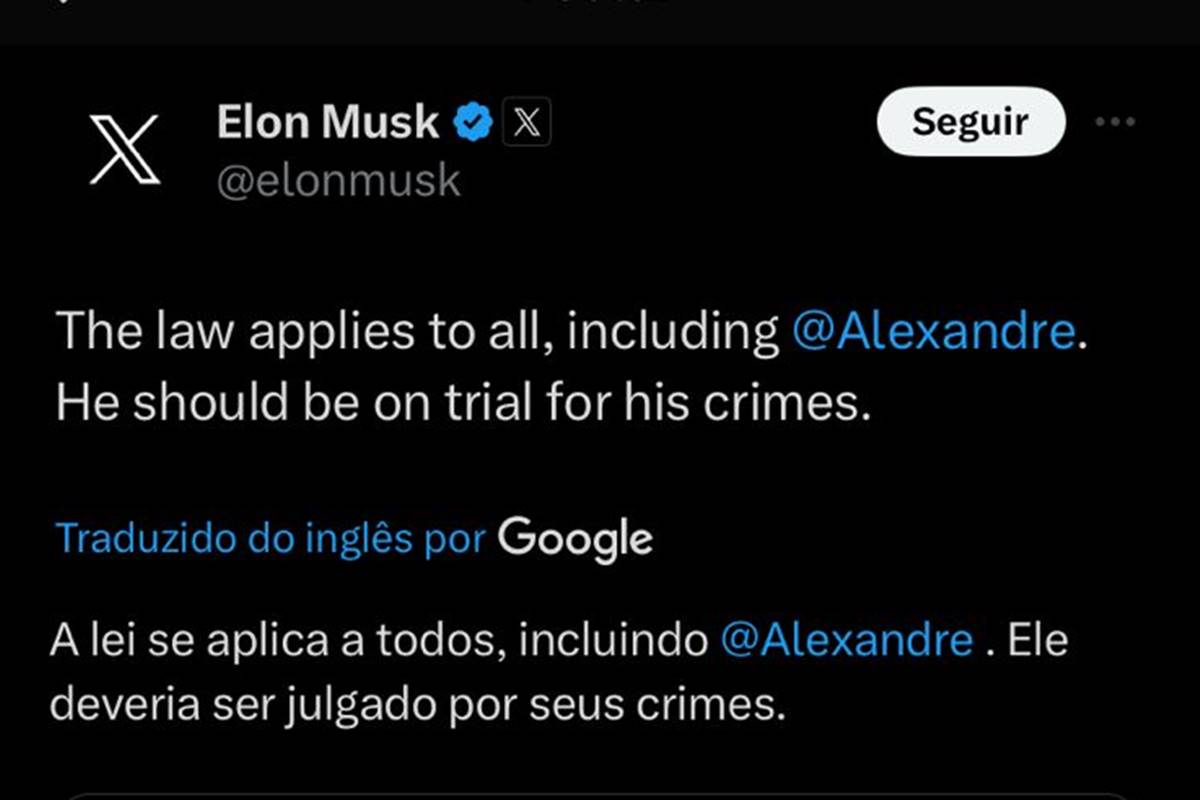 Foto colorida de publicação de Elon Musk sobre o ministro Alexandre de Moraes, do STF - Metrópoles